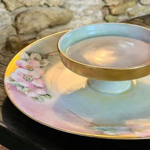 Limoges Porcelain Dogwood Caviar Plate Serving Antiques Tiered Hand Painted Pink - Picture 3 of 9